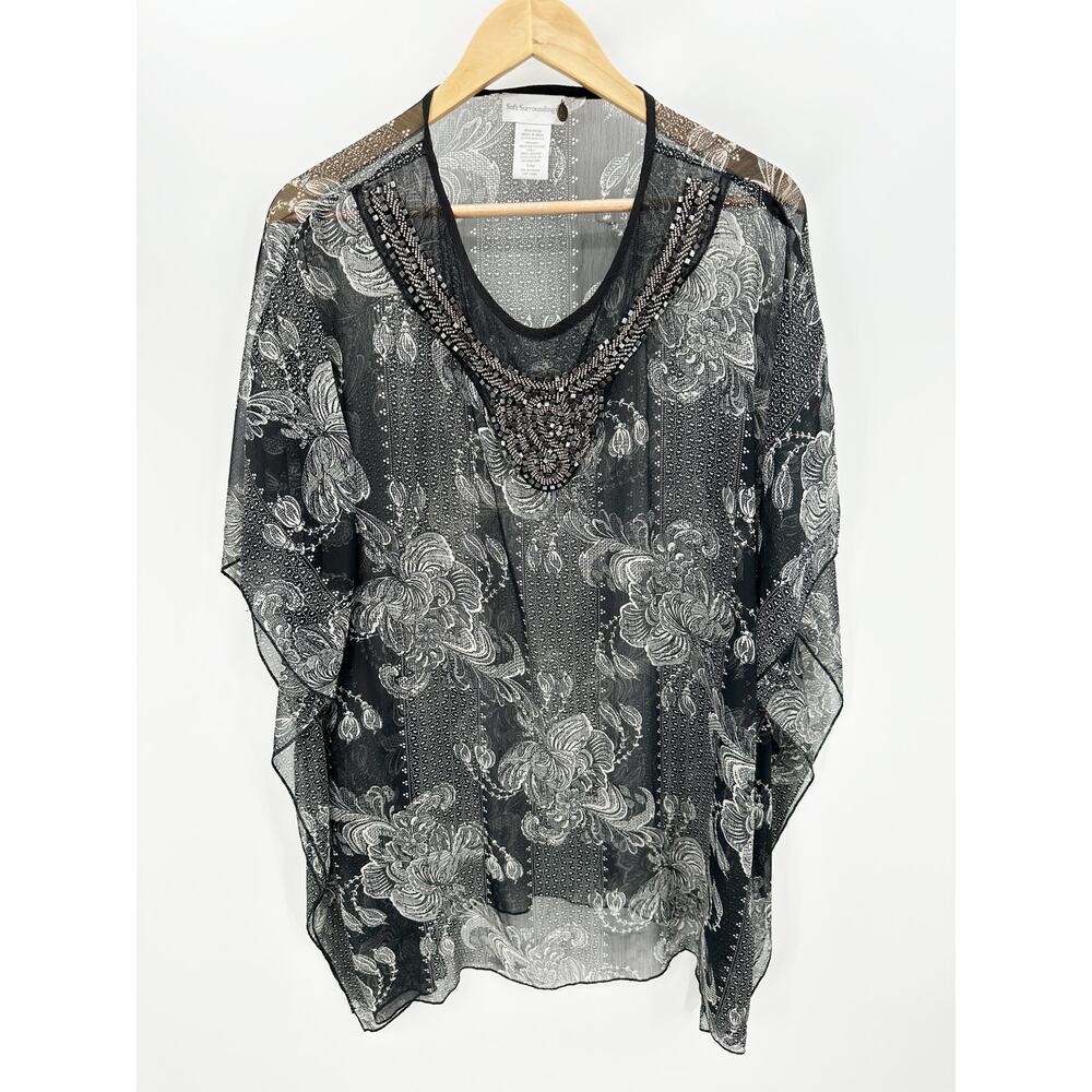 Soft Surroundings Black Cream Sheer Beaded Poncho Swim Cover Up S/M 26733